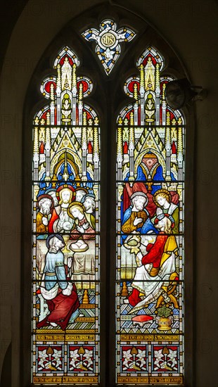 Stained glass window c1876, 'Breaking bread' 'their eyes were opened', Great Bealings church, Suffolk, England, UK by J Hardman