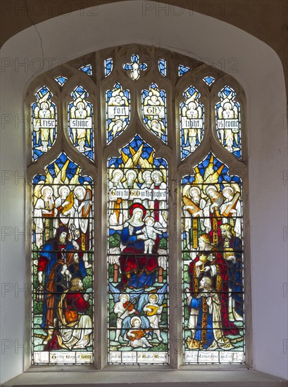 Stained glass east window Adoration of Magi by Powell and Son c 1915, Erwarton church, Suffolk, England, UK