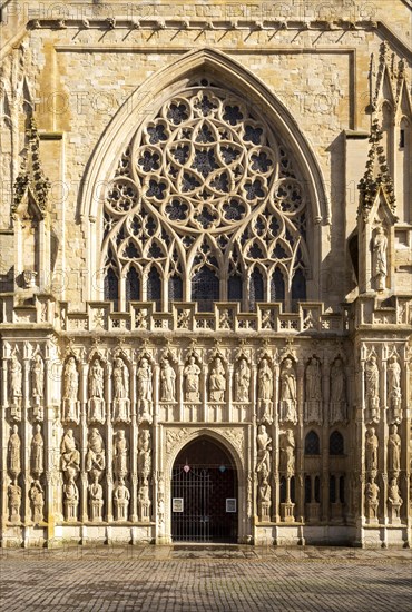 Medieval West Front Image screen stone carvings, Gothic architecture c 13th century, Exeter Cathedral church, Exeter, Devon, England, UK