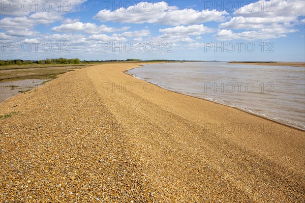 Looking upstream River Ore very near its mouth at North Weir Point, Shingle Street, Hollesley, Suffolk, England, UK