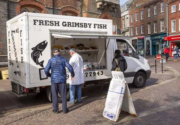 Fresh Grimsby Fish van in Market Place, Newbury, Berkshire, England, UK