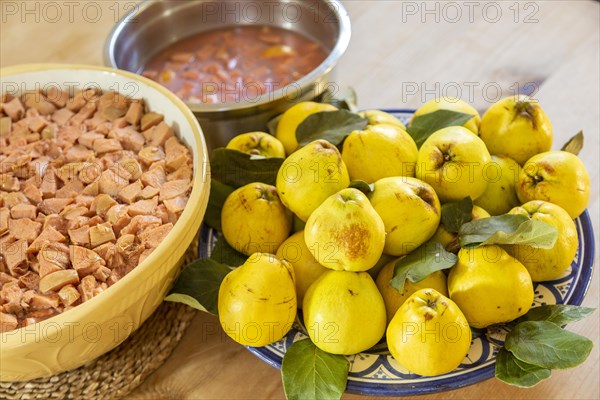 Bowls of quince fruit from garden and chopped fruits prepared for making jam jelly, UK