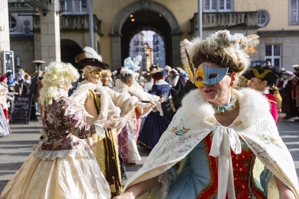 LUST & PASSION & JOY OF LIFE, for the joy of the masquerade, the Elbvenezian Carnival took place in Dresden on the weekend in front of Rose Monday. The highlight was the joint stroll through the historic centre with masks in robes in the style of the Elbe Venetian Carnival from the Neumarkt through the Altmarktgalerie, the Schlossstrasse, through the Stallhof, along the Fuerstenzug, onto the Bruehlsche Terrasse and into the Bruehlsche Garten, Dresden, Saxony, Germany, Europe