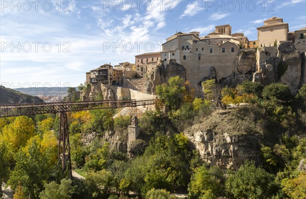 Puente de San Pablo bridge over Huecar river, Cuenca, Castille La Mancha, Spain historic houses on cliff top