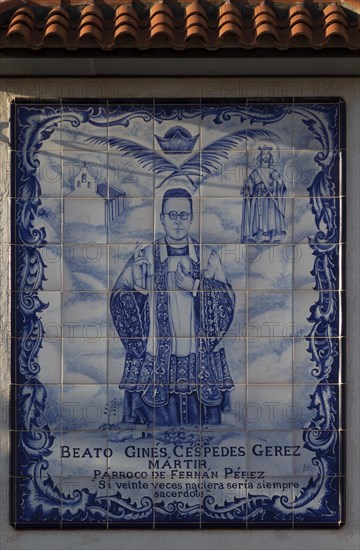 Ceramic tile memorial to Beato Gines Cespedes Gerez (1901-1936) martyr of Civil War, Fernan Perez, Almeria, Spain, Europe