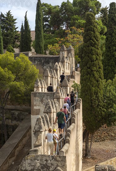 People exploring the defensive ramparts Castillo de Gibralfaro castle walls, Malaga, Andalusia, Spain, Europe