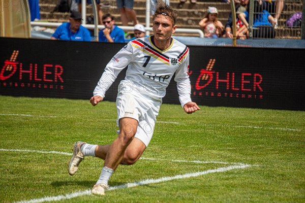 Fistball World Championship from 22 July to 29 July 2023 in Mannheim: The German national team won its opening match against Namibia with 3:0 sets. Pictured here: Jaro Jungclaussen from TV Vaihingen/Enz