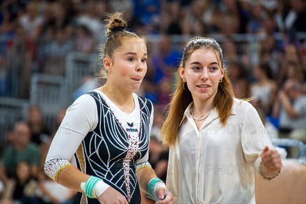 Heidelberg, 9 September 2023: Women's apparatus gymnastics national competition in the SNP Dome in Heidelberg. Meolie Jauch after her routine on the uneven bars