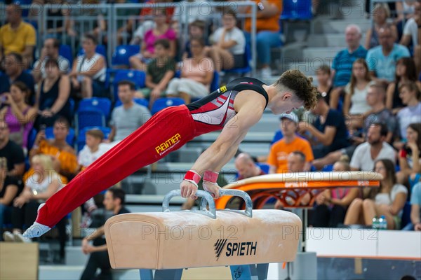 Heidelberg, 9 September 2023: Men's World Championship qualification in conjunction with a national competition against Israel. Alexander Kunz performing his pommel horse routine