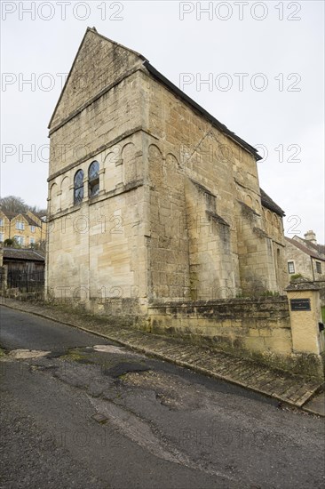 Exterior walls of Saxon building church of Saint Laurence, Bradford on Avon, Wiltshire, England, UK probably built circa 1000 AD