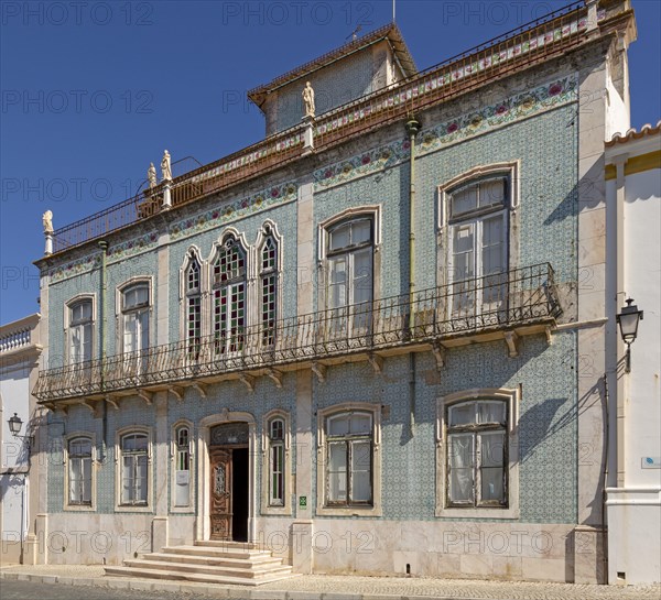 Historic old traditional Portuguese building with facade of ceramic tiles Azulejo pattern, Castro Verde, Portugal, southern Europe, Europe