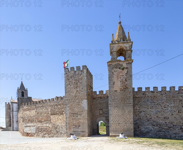 Matriz church in walls of historic ruined castle at Mourao, Alentejo Central, Evora district, Portugal, southern Europe, Europe