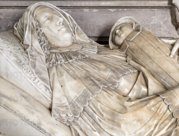 Memorial life-size monument by Nicholas Stone for Elizabeth Coke and infant daughter, church of Saint Andrew, Bramfield, Suffolk, England, UK who died 1627 in childbirth