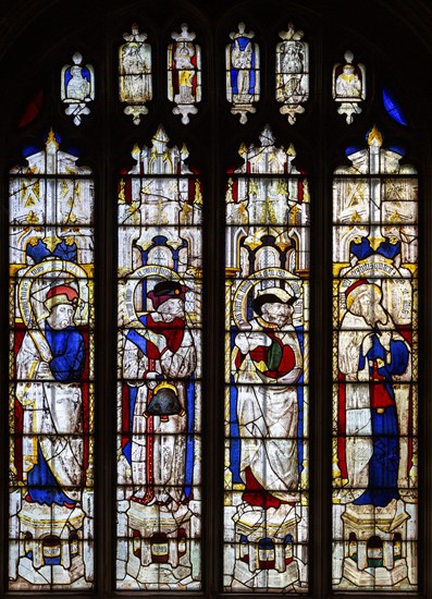 Sixteenth century stained glass windows inside church of Saint Mary, Fairford, Gloucestershire, England, UK, window 20 Zachariah, Isaiah, David, Jeremiah