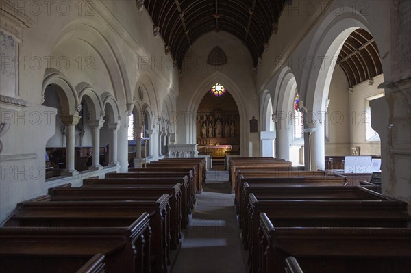 Interior Victorian village parish church of Saint Margaret of Antioch, Leigh Delamere, Wiltshire, England, UK 1846