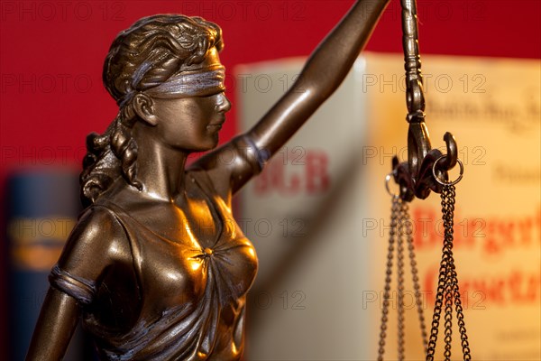 Symbolic image of jurisdiction: Justitia with the BGB (German Civil Code) in the background