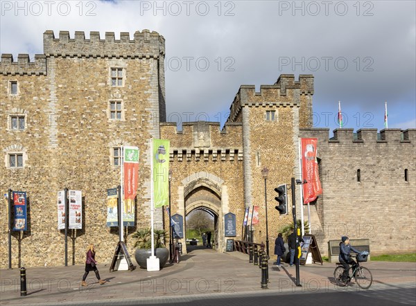 Walls and entrance doorway gateway into Cardiff Castle, Cardiff, South Wales, UK