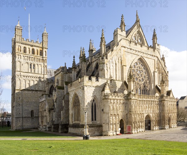 Medieval West Front Image screen stone carvings, Gothic architecture c 13th century, Exeter Cathedral church, Exeter, Devon, England, UK