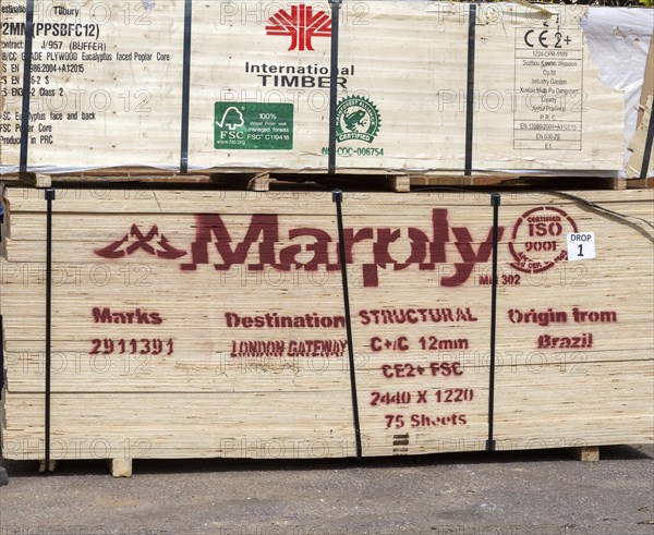 Stack of imported timber in builder's yard, UK