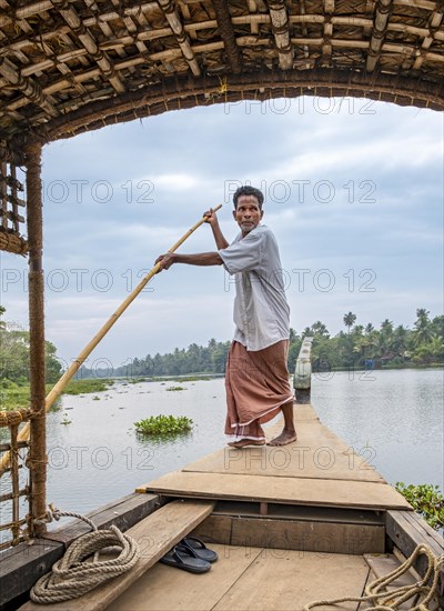 A man navigates a boat through the canals of the Kerala Backwaters using a long pole, Vembanad Lake, Kerala, India, Asia