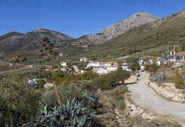 Small village of Aldea de Guaro, Periana, Axarquia, Andalusia, Spain at base of limestone mountains