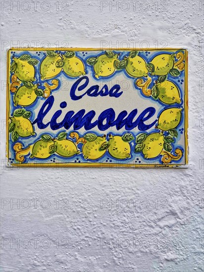 Stromboli volcano as motif on house sign, Stromboli Island, Lipari Islands, Italy, Europe