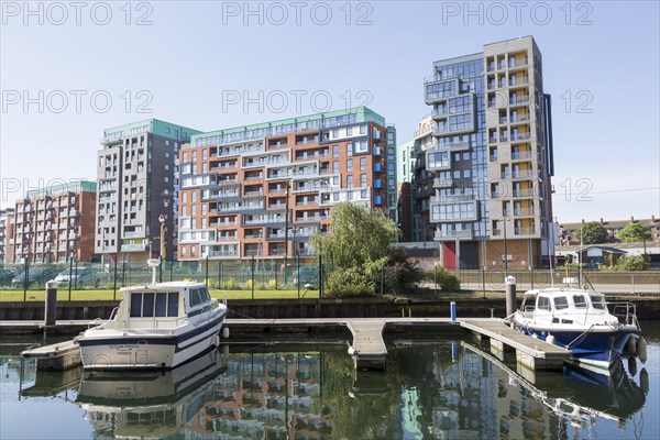 Modern waterfront apartment block housing on the waterfront, Stoke Quay, Ipswich, Suffolk, England, UK