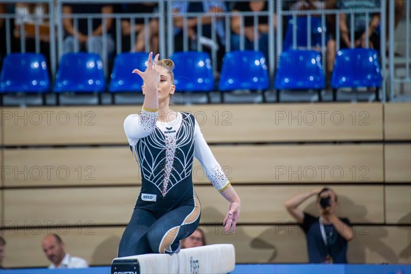 Heidelberg, 9 September 2023: Women's apparatus gymnastics national competition in the SNP Dome in Heidelberg. Karina Schoenmaier performs on the balance beam