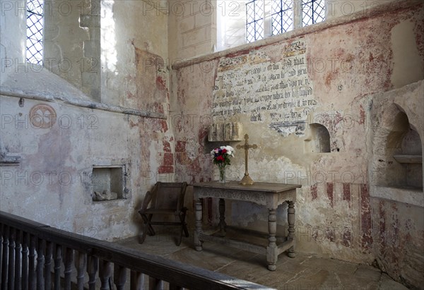 Historic interior of church of Saint John, Inglesham, Wiltshire, England, UK under the care of the Churches Conservation Trust