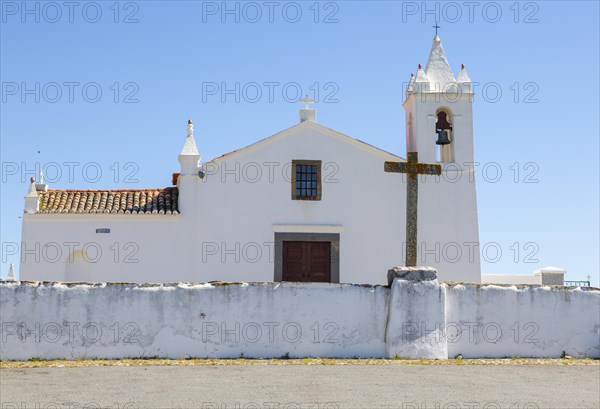 Whitewashed building rural country village catholic church Igreja Santa Barbara de Padroes, near Castro Verde, Baixo Alentejo, Portugal, southern Europe, Europe