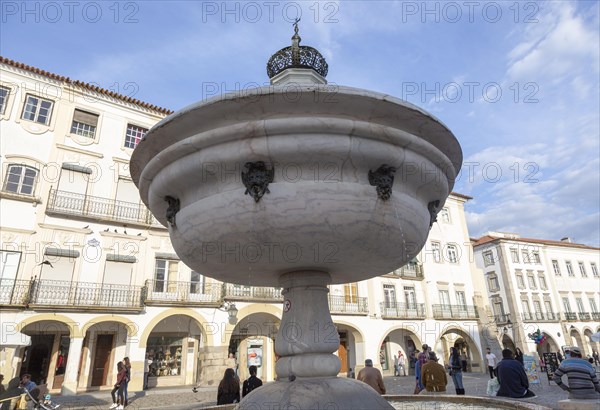 Close-up of fountain in famous city centre square, Giraldo Square, Praca do Giraldo, Evora, Alto Alentejo, Portugal, southern Europe, Europe