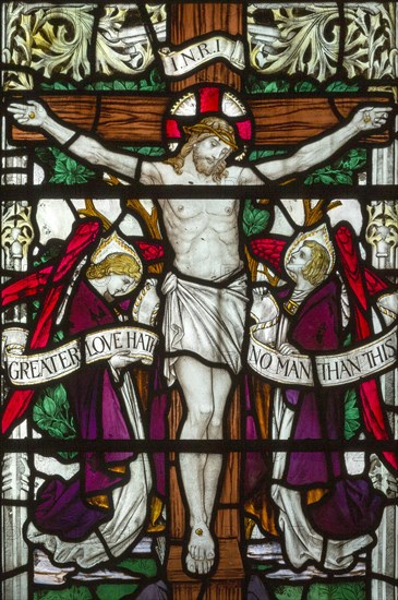Stained glass window of Crucifixion, Saint Thomas church, Salisbury, Wiltshire, England, 1920, by James Powell and Sons