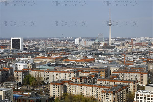 View over Berlin to the television tower at Alexanderplatz, Berlin, 19/04/2021