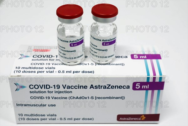 Vaccine vials and packs with the Covid19 vaccine Astra Zenica, Schoenefeld, 26/02/2021