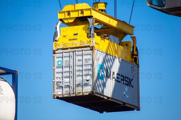 A Maersk Line container is loaded in the port of Mannheim, Germany. Supply bottlenecks and a sharp rise in container prices are currently affecting global trade