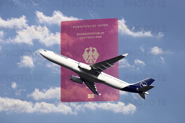 Symbolic image: Lufthansa passenger aircraft taking off, in the background a passport of the Federal Republic of Germany