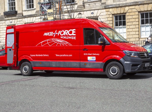 Red Parcel Force Worldwide delivery van, Great Pulteney Street, Bath, Somerset, England, UK