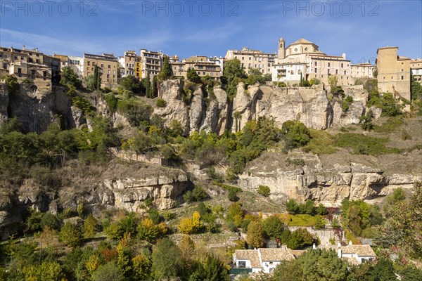 Historic buildings on cliff of river gorge, Rio Huecar, Cuenca, Castille La Mancha, Spain, Europe