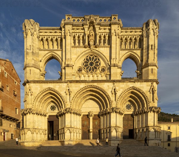 Frontage of cathedral church building, Cuenca, Castille La Mancha, Spain, Gothic architecture, Europe