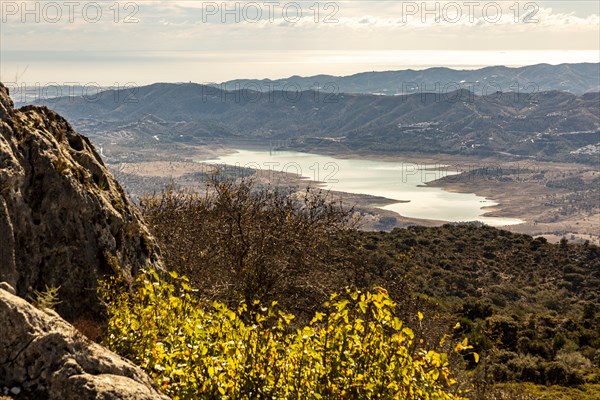 Lake Vinuela reservoir at low water level view from near Periana, Axarquia, Andalusia, Spain, Europe