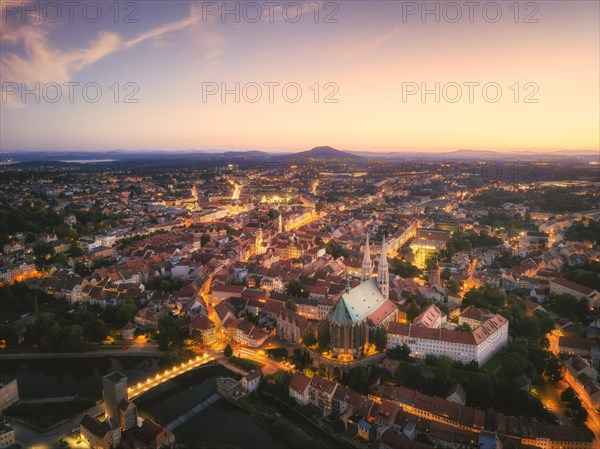 Aerial view of the old town of Goerlitz in the evening in Upper Lusatia, Goerlitz, Saxony, Germany, Europe