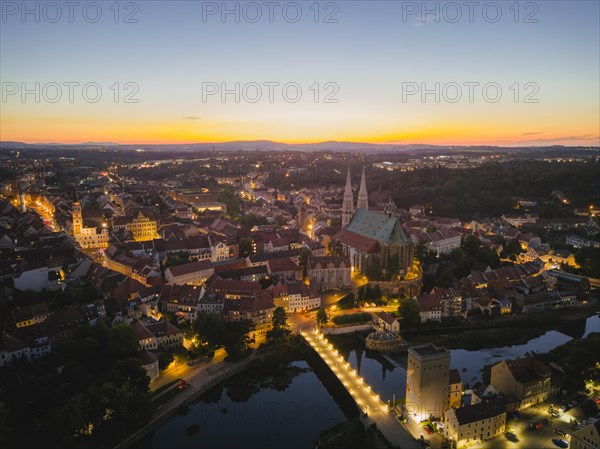 Aerial view of the old town of Goerlitz in the evening in Upper Lusatia, Goerlitz, Saxony, Germany, Europe