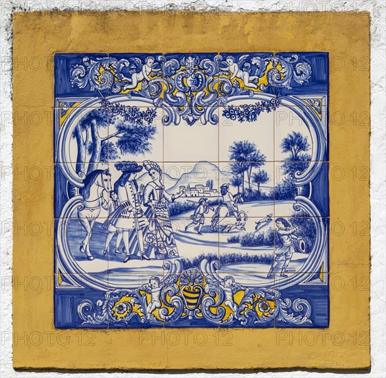 Close-up of 18th Century historic blue and white tiled Azulejo art picture scene of nobles hunting in the village of Terena, Alentejo Central, Portugal, Southern Europe, Europe