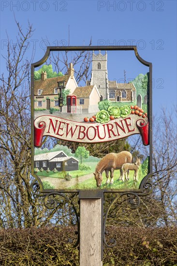 Close-up of village sign Newbourne, Suffolk, England, UK