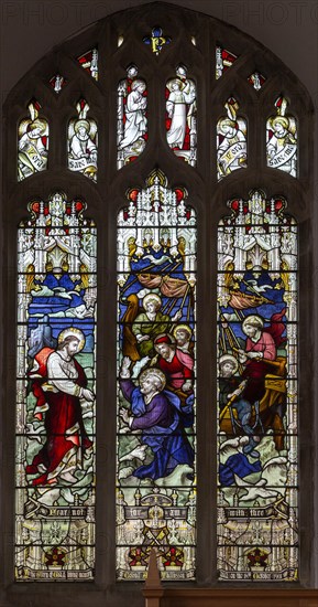 Stained glass window of Walking on Waters c 1901 J. Hardman, Aldeburgh church, Suffolk, England, UK