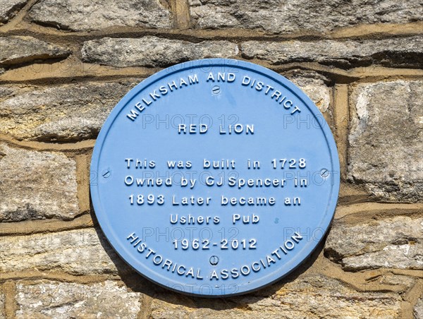 Blue plaque historic former Red Lion pub in Melksham, Wiltshire, England, UK built 1728