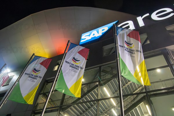 Night shot of the SAP Arena in Mannheim during a match at the 2024 European Handball Championships