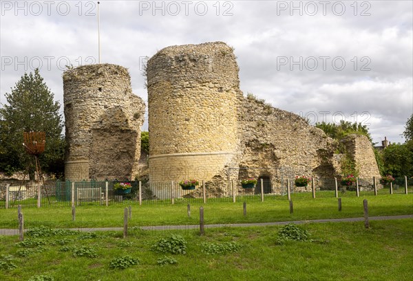 Historic ruins walls and towers of Bigod's Castle, Bungay, Suffolk, England, UK Norman castle built by Roger Bigod c 1100