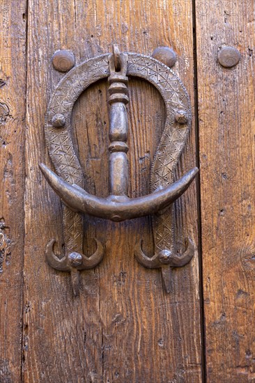 Architectural detail old iron house door knocker, Siguenza, Guadalajara province, Spain, Europe