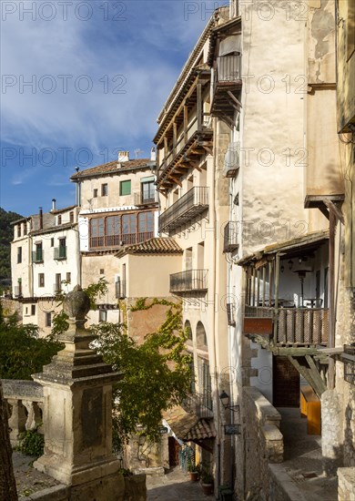 Historic buildings on cliff of river gorge, Rio Jucar, Cuenca, Castille La Mancha, Spain, Europe